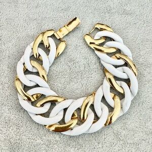 Vintage Signed Napier Shiny Gold Tone White Enamel Chunky Chain Link Bracelet